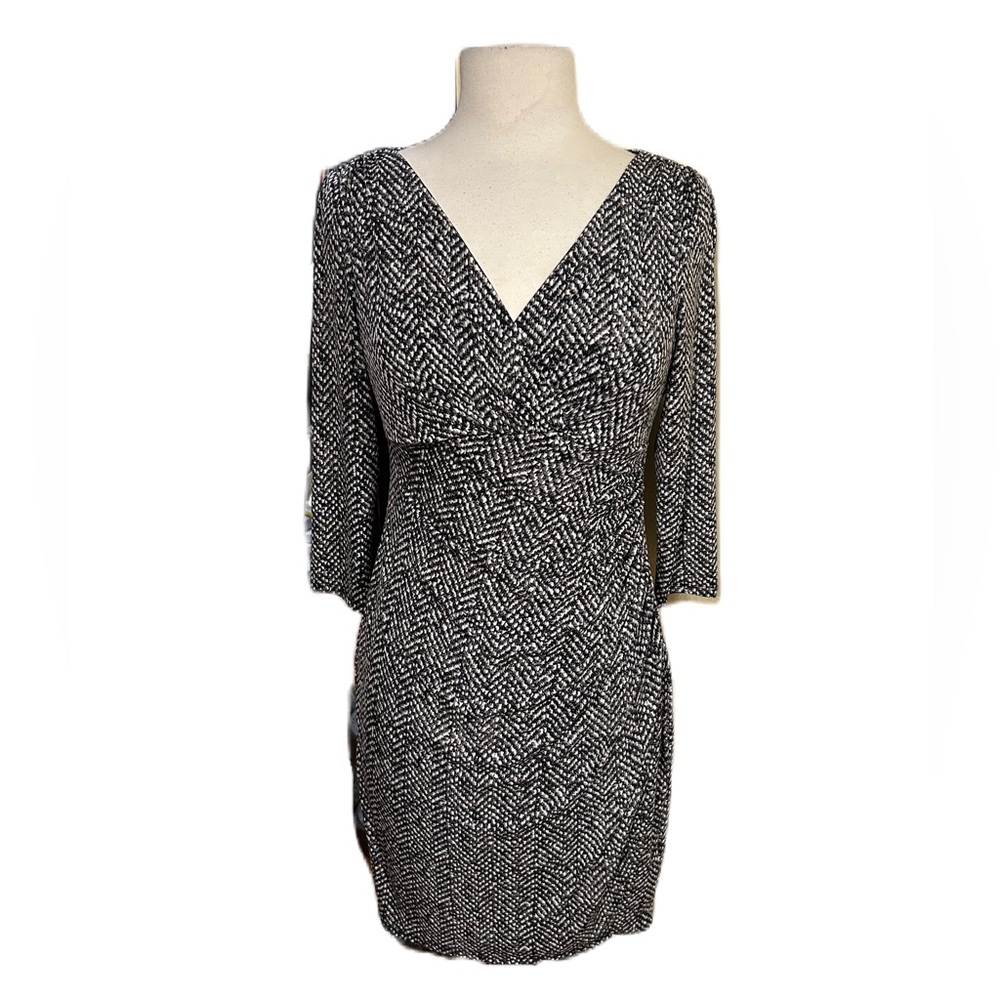 Lauren Ralph Lauren 8P Faux Wrap Dress Gray Blue Stretch Petite Office Work